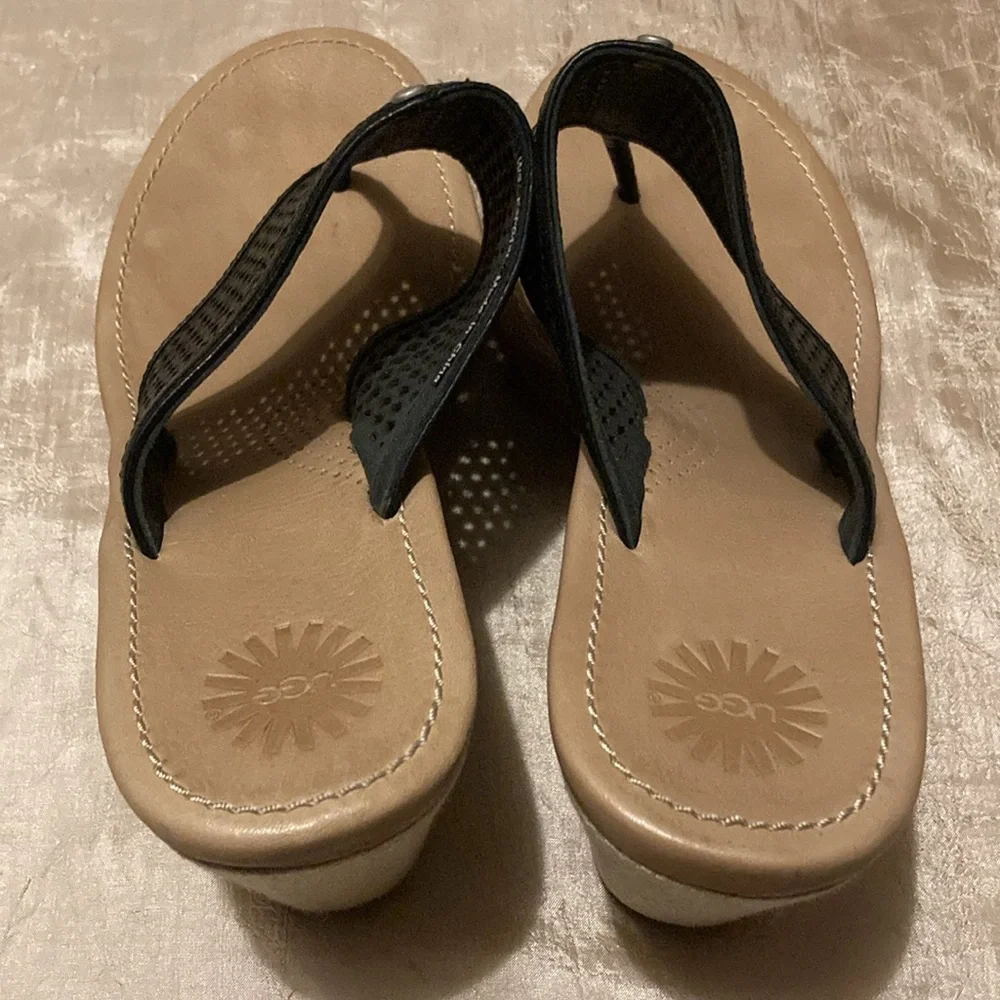UGG Solena Black Leather Perforated Wedge Thong Sandals